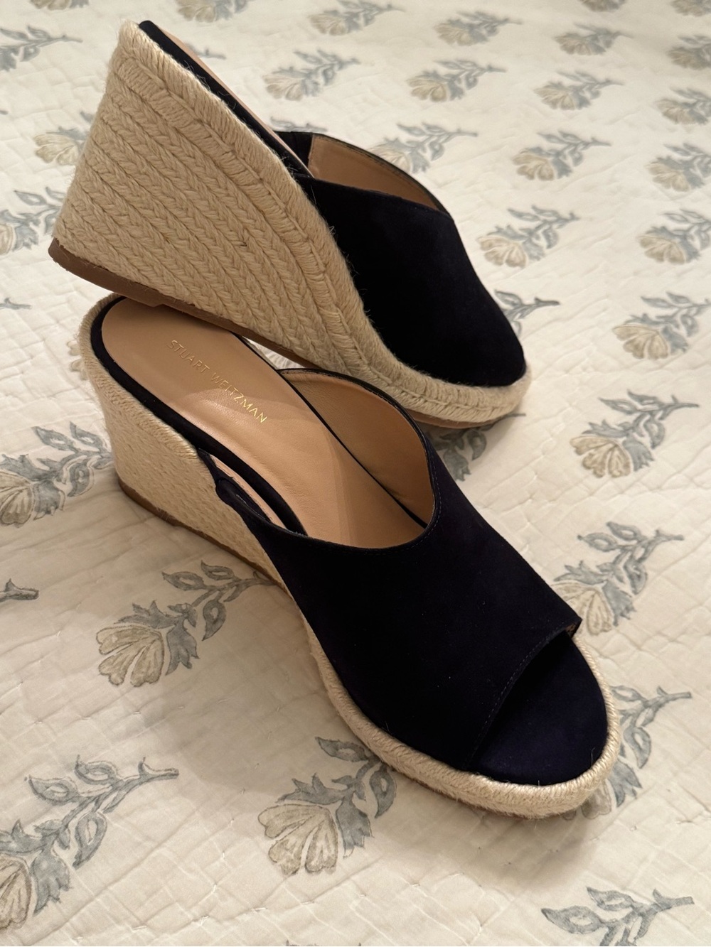 Stuart Weitzman Navy Suede Espadrille Wedge Mule with Natural Rope Heel, size 9